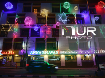 Lights are illuminating a newly-opened vegetarian restaurant in Thiruvananthapuram (Trivandrum), Kerala, India, on April 03, 2024. (