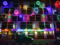 Lights are illuminating a newly-opened vegetarian restaurant in Thiruvananthapuram (Trivandrum), Kerala, India, on April 03, 2024. (