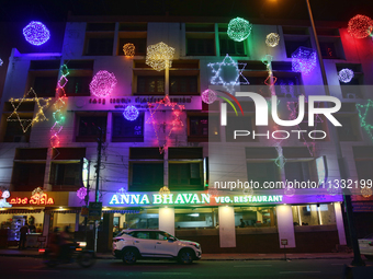 Lights are illuminating a newly-opened vegetarian restaurant in Thiruvananthapuram (Trivandrum), Kerala, India, on April 03, 2024. (