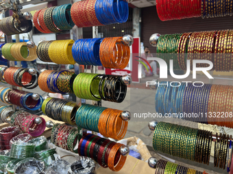 Glass bangles are being sold along the roadside in the East Fort area in Thiruvananthapuram (Trivandrum), Kerala, India, on April 09, 2024....