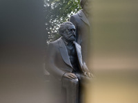 Karl Max is standing at the Marx and Engels monument in Berlin, Germany, on June 15, 2024. (