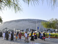 Worshipers are leaving the stadium after performing the Eid al-Adha morning prayer on the first day of the Eid al-Adha holiday in Doha, Qata...