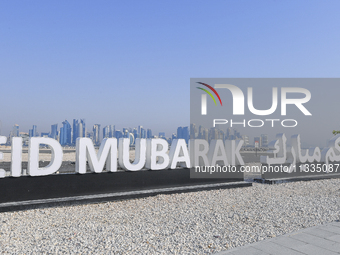 Eid Mubarak decorations are being displayed at Old Doha Port as part of the Eid celebrations in Doha, Qatar, on June 16, 2024. Muslims aroun...