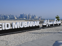 Eid Mubarak decorations are being displayed at Old Doha Port as part of the Eid celebrations in Doha, Qatar, on June 16, 2024. Muslims aroun...