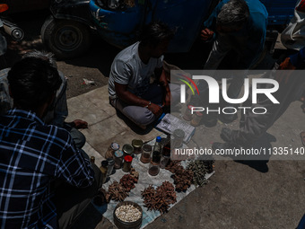 Non-locals are selling herbal medicines, which they claim have been collected from forests in Sopore, Jammu and Kashmir, India, on June 16,...