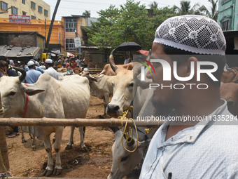 People are buying sacrificial animals from a cattle market on a hot summer day, ahead of Eid al-Adha celebrations on the outskirts of Kolkat...