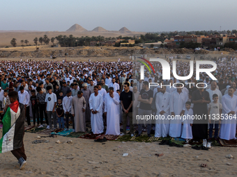 People are performing Eid al-Adha prayers in the village of Abu Sir, Giza, Egypt, on June 16, 2024. (