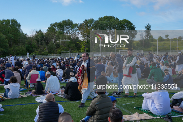 Muslims are performing the Eid al-Adha prayer rituals this morning at Yassine Charari Stadium in Metz, France, on June 16, 2024. 