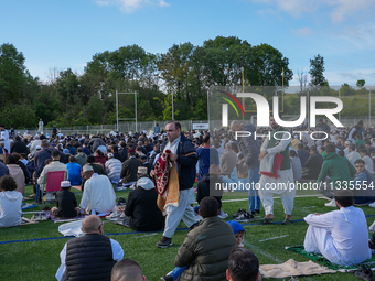 Muslims are performing the Eid al-Adha prayer rituals this morning at Yassine Charari Stadium in Metz, France, on June 16, 2024. (