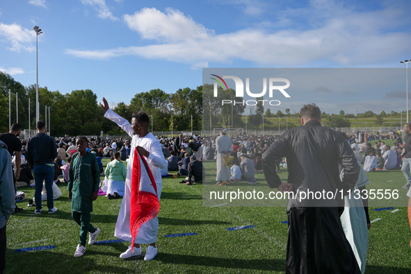 Muslims are performing the Eid al-Adha prayer rituals this morning at Yassine Charari Stadium in Metz, France, on June 16, 2024. 