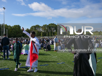 Muslims are performing the Eid al-Adha prayer rituals this morning at Yassine Charari Stadium in Metz, France, on June 16, 2024. (