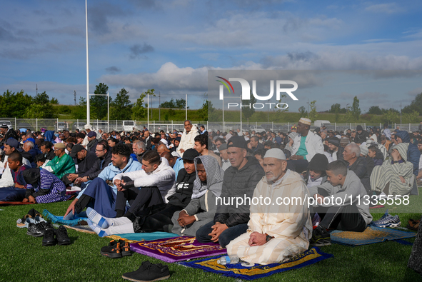 Muslims are performing the Eid al-Adha prayer rituals this morning at Yassine Charari Stadium in Metz, France, on June 16, 2024. 