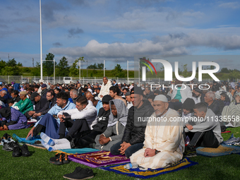 Muslims are performing the Eid al-Adha prayer rituals this morning at Yassine Charari Stadium in Metz, France, on June 16, 2024. (