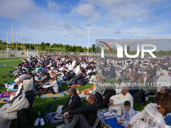 Muslims are performing the Eid al-Adha prayer rituals this morning at Yassine Charari Stadium in Metz, France, on June 16, 2024. (