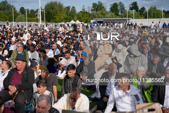 Muslims are performing the Eid al-Adha prayer rituals this morning at Yassine Charari Stadium in Metz, France, on June 16, 2024. 