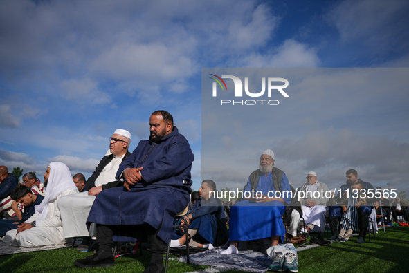 Muslims are performing the Eid al-Adha prayer rituals this morning at Yassine Charari Stadium in Metz, France, on June 16, 2024. 