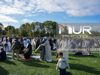 Muslims are performing the Eid al-Adha prayer rituals this morning at Yassine Charari Stadium in Metz, France, on June 16, 2024. (