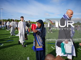 Muslims are performing the Eid al-Adha prayer rituals this morning at Yassine Charari Stadium in Metz, France, on June 16, 2024. (