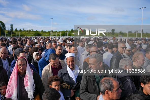 Muslims are performing the Eid al-Adha prayer rituals this morning at Yassine Charari Stadium in Metz, France, on June 16, 2024. 