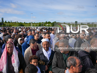 Muslims are performing the Eid al-Adha prayer rituals this morning at Yassine Charari Stadium in Metz, France, on June 16, 2024. (