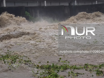 Water levels are rising in the Mahananda River and the Teesta Canal Fulbari near Siliguri, India, on June 16, 2024, due to heavy rainfall in...