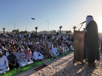 Muslims in Syria perform Eid al-Adha prayers in an open-air area in Bab al-Hawa Square, in the countryside of Idlib, northwest Syria, on the...