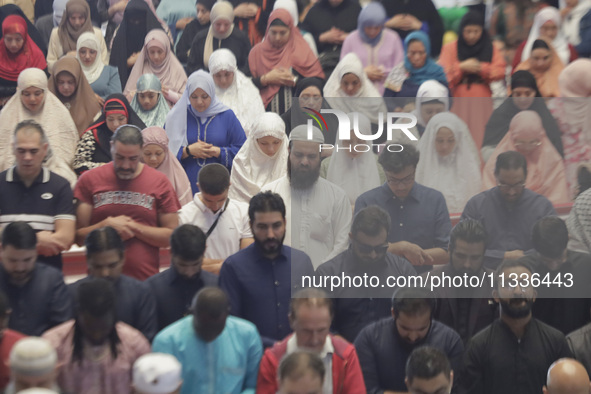 Members of the Muslim community in Mexico City, Mexico, are praying inside the facilities of the Plan Sexenal on the occasion of the celebra...