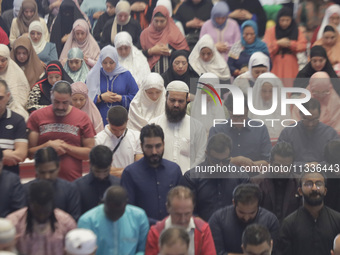 Members of the Muslim community in Mexico City, Mexico, are praying inside the facilities of the Plan Sexenal on the occasion of the celebra...