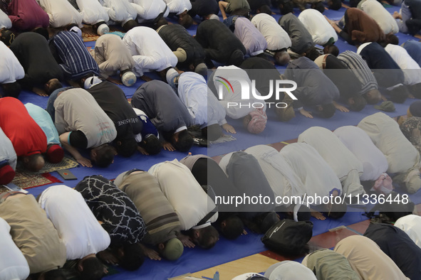 Members of the Muslim community in Mexico City, Mexico, are praying inside the facilities of the Plan Sexenal on the occasion of the celebra...