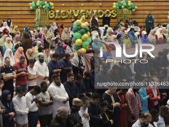 Members of the Muslim community in Mexico City, Mexico, are praying inside the facilities of the Plan Sexenal on the occasion of the celebra...