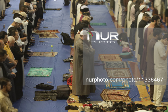 Members of the Muslim community in Mexico City, Mexico, are praying inside the facilities of the Plan Sexenal on the occasion of the celebra...