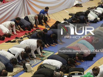 Members of the Muslim community in Mexico City, Mexico, are praying inside the facilities of the Plan Sexenal on the occasion of the celebra...