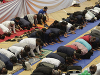 Members of the Muslim community in Mexico City, Mexico, are praying inside the facilities of the Plan Sexenal on the occasion of the celebra...