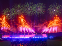 Fireworks are lighting up the sky over Katara Cultural Village during the celebration of the first day of the Eid Al-Adha festival in Doha,...