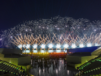 Fireworks are lighting up the sky over Katara Cultural Village during the celebration of the first day of the Eid Al-Adha festival in Doha,...