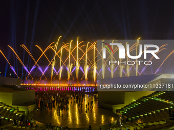 Fireworks are lighting up the sky over Katara Cultural Village during the celebration of the first day of the Eid Al-Adha festival in Doha,...