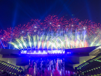 Fireworks are lighting up the sky over Katara Cultural Village during the celebration of the first day of the Eid Al-Adha festival in Doha,...