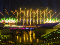 Fireworks are lighting up the sky over Katara Cultural Village during the celebration of the first day of the Eid Al-Adha festival in Doha,...