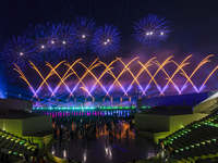 Fireworks are lighting up the sky over Katara Cultural Village during the celebration of the first day of the Eid Al-Adha festival in Doha,...