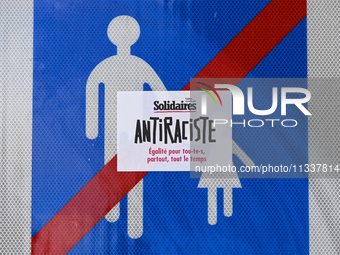 CAEN, FRANCE - JUNE 16: 
A sticker left on a road sign by participants of the 2024 Pride Parade in the Caen city center, seen on June 16, 20...