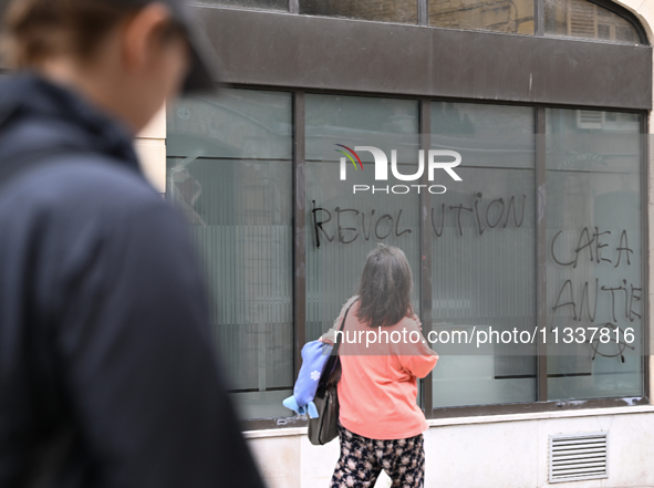 CAEN, FRANCE - JUNE 16: 
Vandalised bank windows after the 2024 Pride Parade in the Caen city center, seen on June 16, 2024, in Caen, Norman...