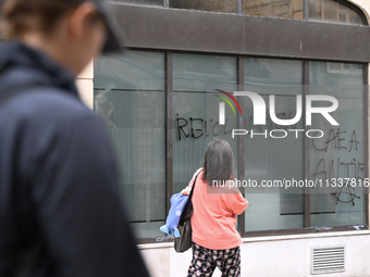 CAEN, FRANCE - JUNE 16: 
Vandalised bank windows after the 2024 Pride Parade in the Caen city center, seen on June 16, 2024, in Caen, Norman...