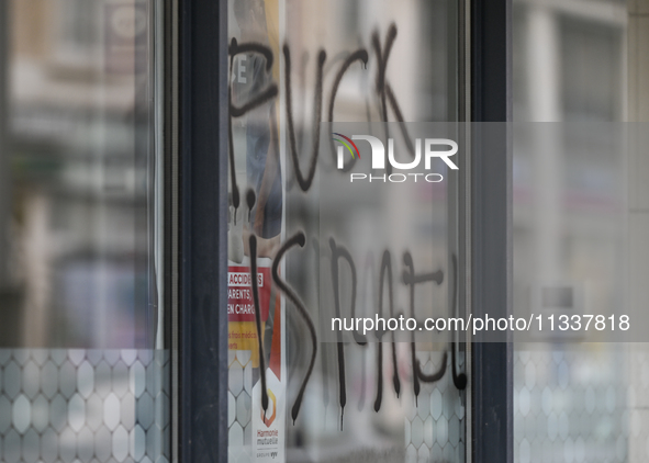 CAEN, FRANCE - JUNE 16: 
Vandalised bank windows after the 2024 Pride Parade in the Caen city center, seen on June 16, 2024, in Caen, Norman...