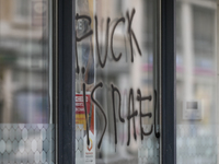 CAEN, FRANCE - JUNE 16: 
Vandalised bank windows after the 2024 Pride Parade in the Caen city center, seen on June 16, 2024, in Caen, Norman...