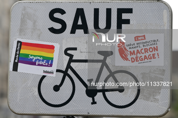 CAEN, FRANCE - JUNE 16: 
One of the many road signs adorned with stickers left by participants of the 2024 Pride Parade in the Caen city cen...