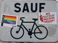 CAEN, FRANCE - JUNE 16: 
One of the many road signs adorned with stickers left by participants of the 2024 Pride Parade in the Caen city cen...