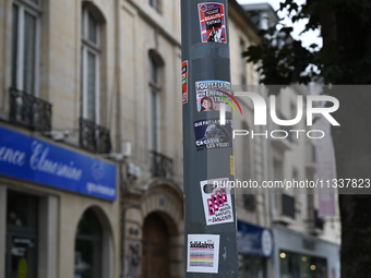 CAEN, FRANCE - JUNE 16: 
One of the many road signs adorned with stickers left by participants of the 2024 Pride Parade in the Caen city cen...