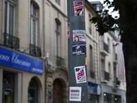 CAEN, FRANCE - JUNE 16: 
One of the many road signs adorned with stickers left by participants of the 2024 Pride Parade in the Caen city cen...