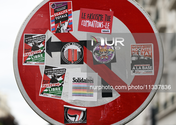 CAEN, FRANCE - JUNE 16: 
A sticker left on a road sign by participants of the 2024 Pride Parade in the Caen city center, seen on June 16, 20...