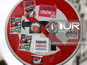 CAEN, FRANCE - JUNE 16: 
A sticker left on a road sign by participants of the 2024 Pride Parade in the Caen city center, seen on June 16, 20...